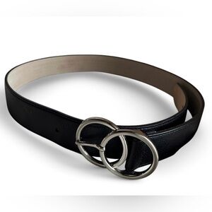 Black Genuine Leather Silver Double Loop Buckle Preppy Prep Statement Belt